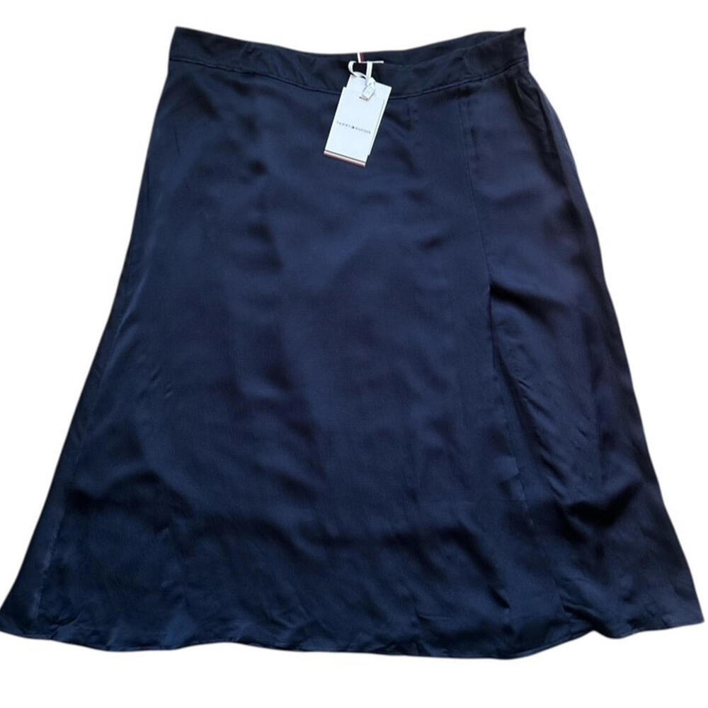 Tommy Hilfiger Midi Skirt Navy Blue A Line Side Slit Size 14 Preppy